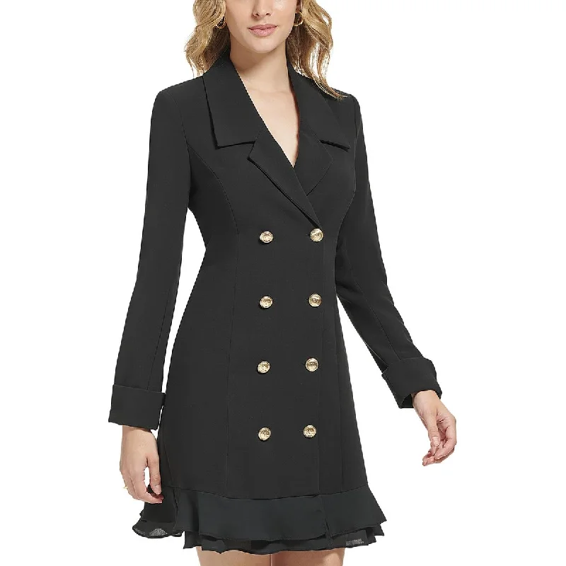 Womens Ruffled Hem Collared Pea Coat