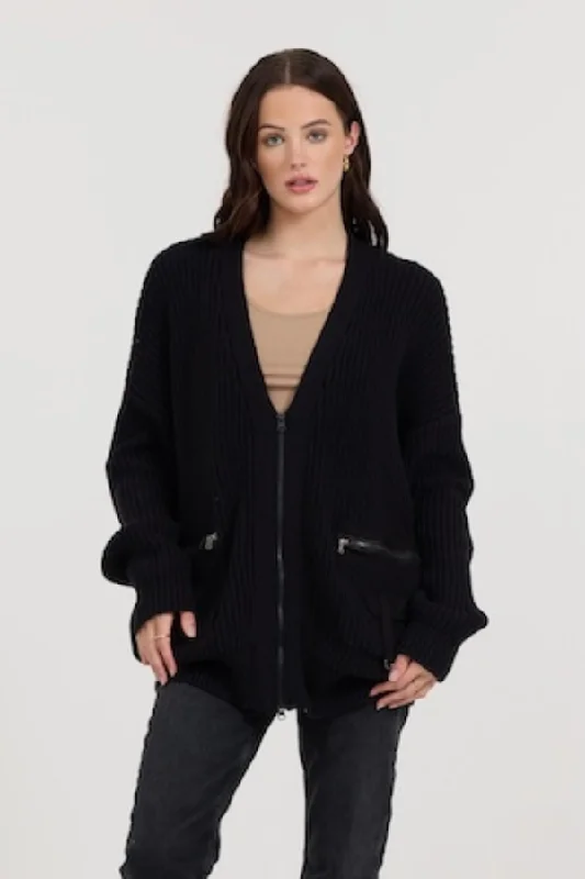 Black Long Zip Front Utility Cardigan