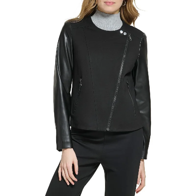 Womens Faux Leather Collarless Motorcycle Jacket