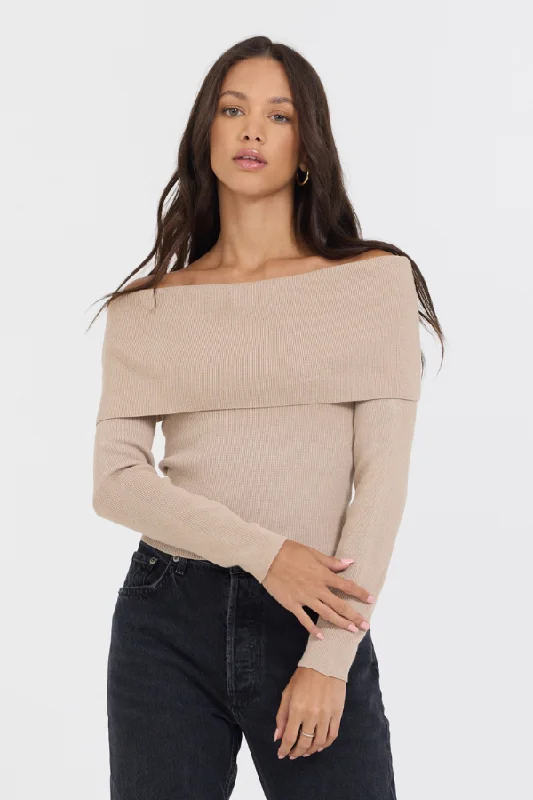 Heather Oatmeal Off Shoulder Sweater