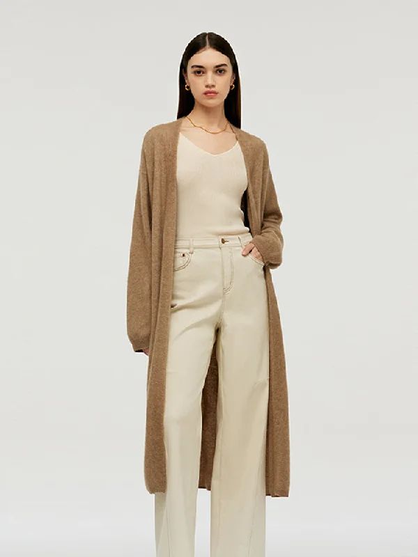 Light Camel Brushed Cashmere Long Women Cardigan