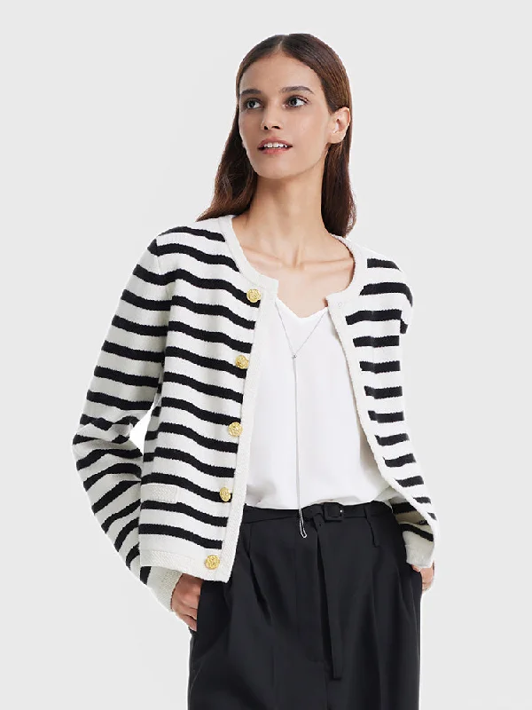 Button Up Woolen Striped Lady Cardigan