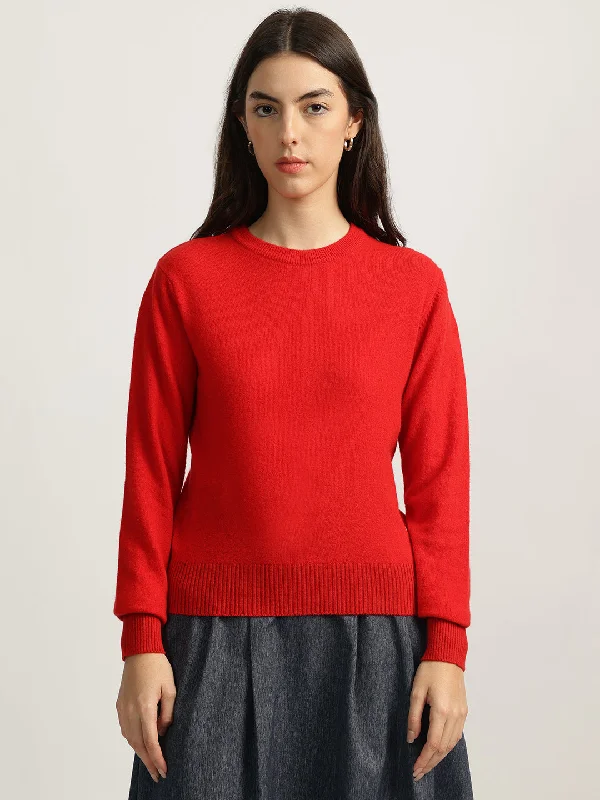 Iconic Women Red Solid Round Neck Full Sleeves Sweater