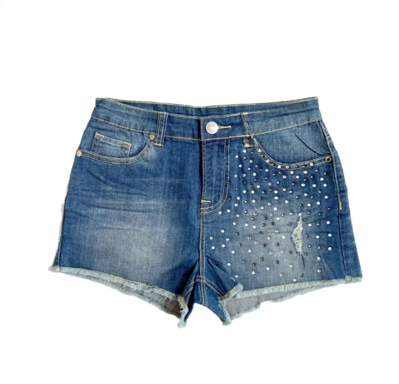 Women's Embellished Panama Cut Off Denim Jean Shorts In Blue