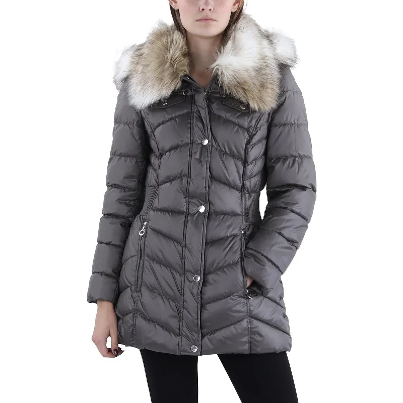 Petites Womens Faux Fur Trim Hooded Puffer Jacket