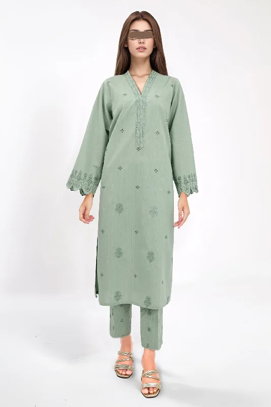 Solid Embroidered Slub Viscose Stitched 2 Piece (Shirt/Trouser)