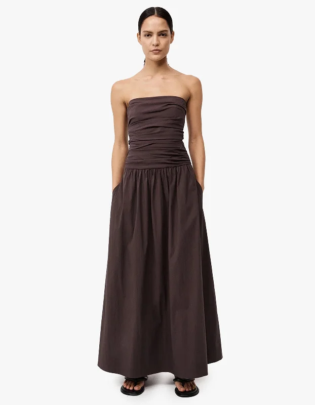 Gathered Strapless Tie Back Dress - Chocolate Plum