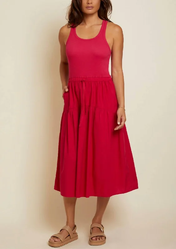 Frannie Combo Midi Dress In Raspberry