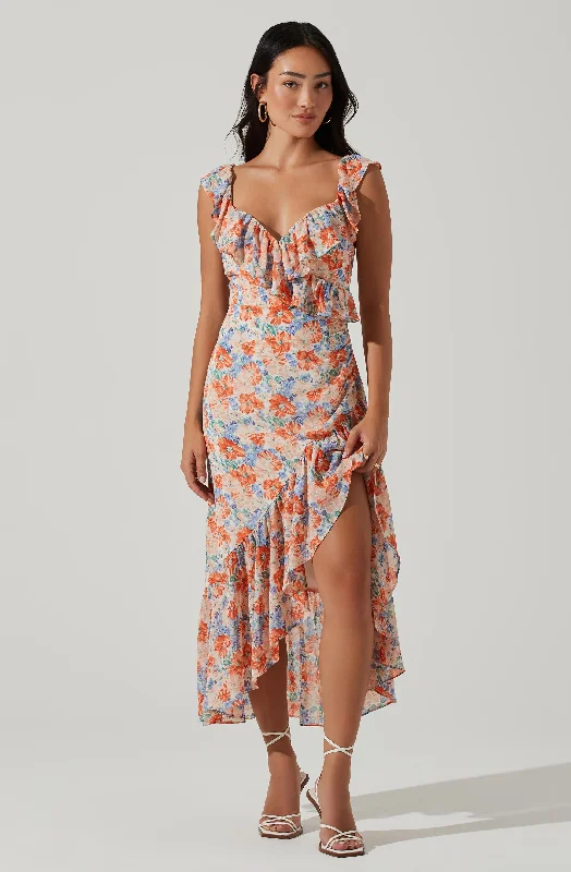 Mahalia Floral Sweetheart Ruffle Midi Dress