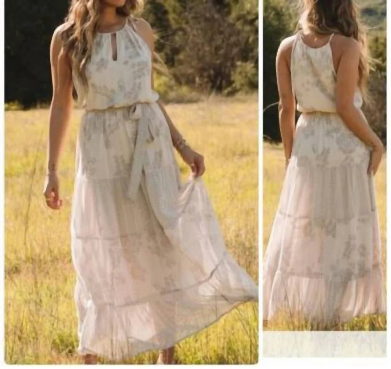 Chiffon Floral Tiered Halter Maxi Dress In Natural