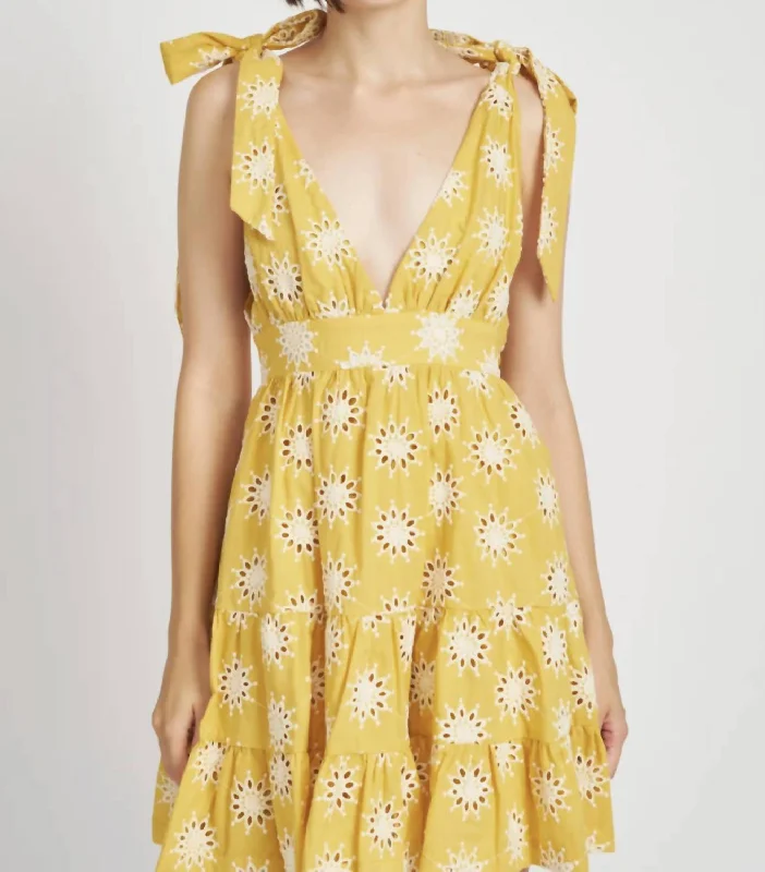 Embroidered Tiered Mini Dress In Yellow