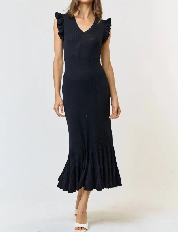 Ruffle Sleeve Pleated Mermaid Sweater Maxi Dress In Black