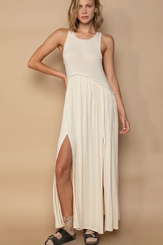 Sleeveless Back Zipper Front Slit Maxi Dress