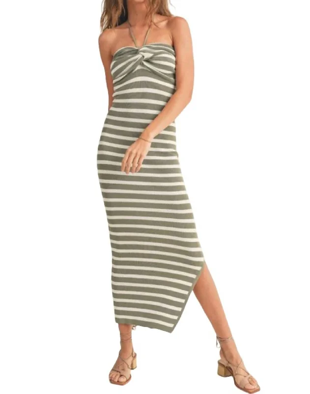 Striped Knitted Knot Front Maxi Dress In Sage