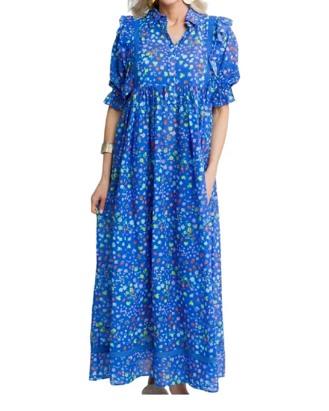 Summer Floral-N-Fruit Maxi Dress In Blue