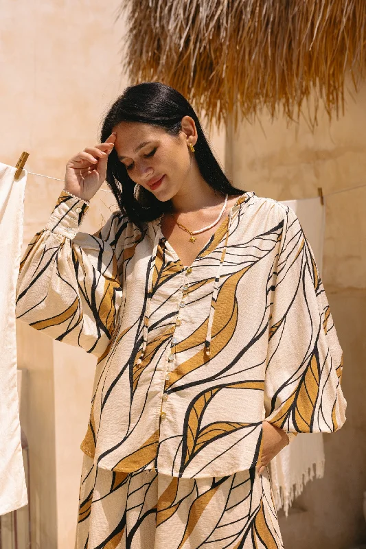 Rue Beige Abstract Balloon Sleeve Blouse