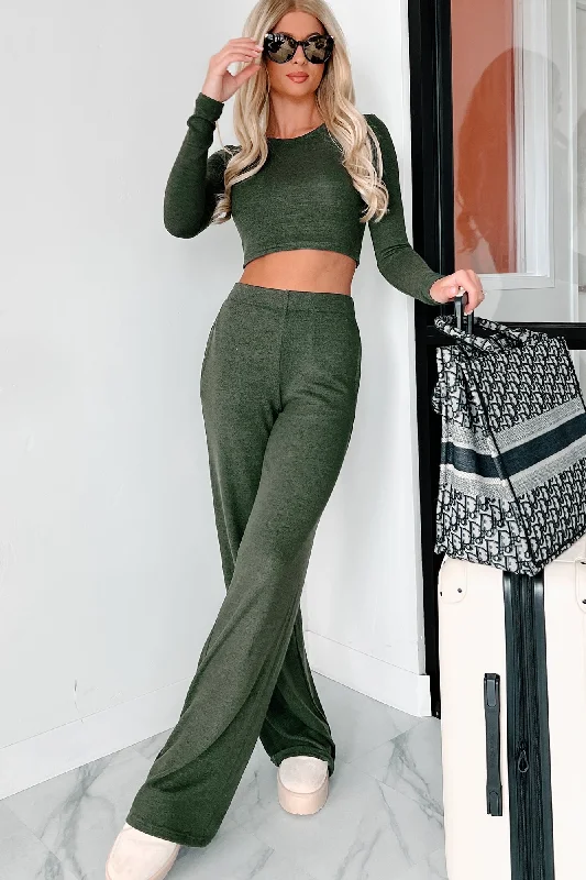 Asa Heathered Knit Crop Top & Pants Set (Olive)