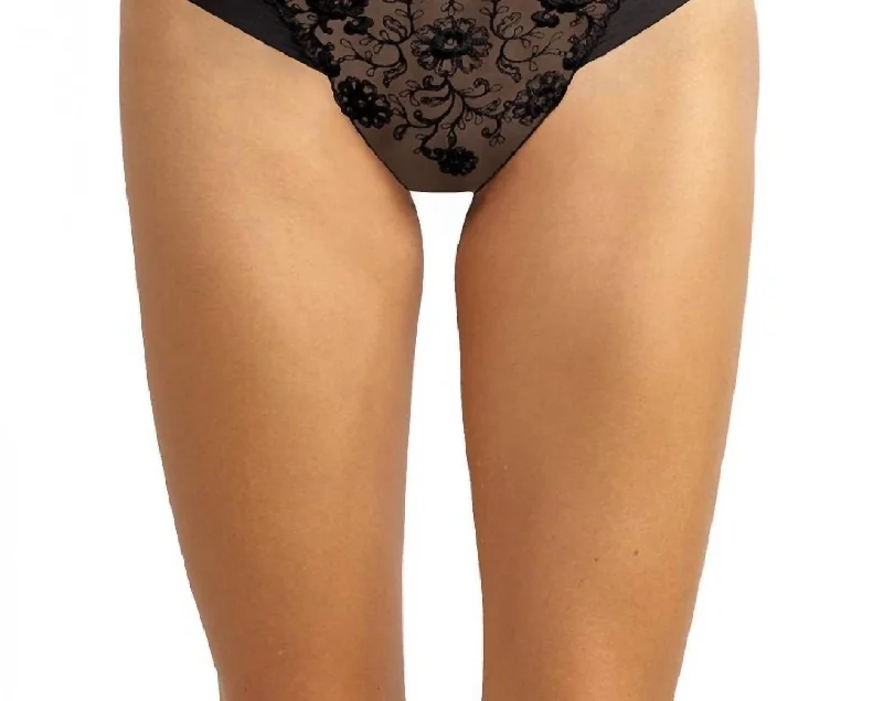 Crown Embroidered Thong Panty In Black