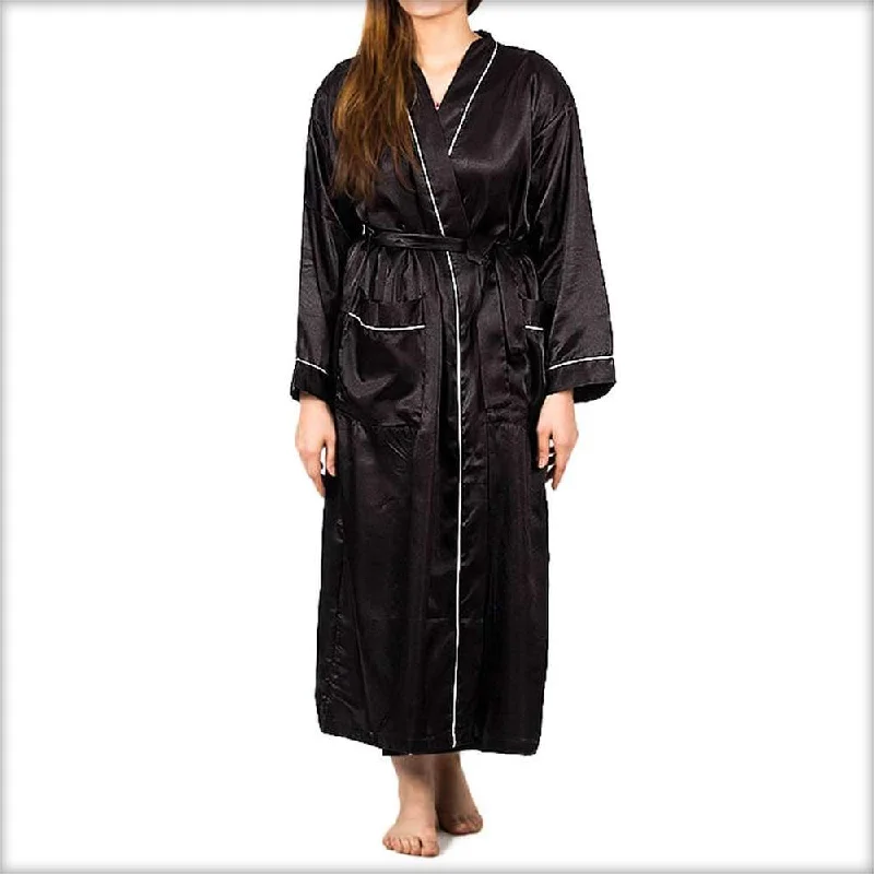 Black Solid Satin Long Night Gown