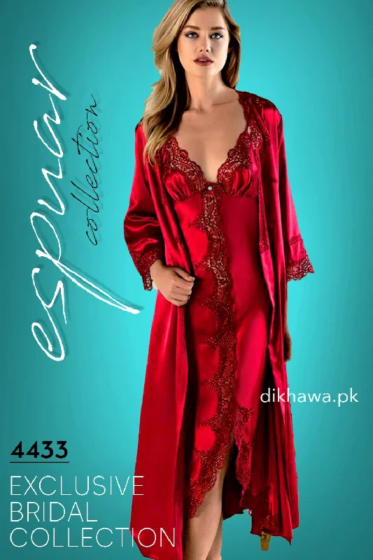 Espuar - Exclusive Bridal Wedding Honeymoon 2Pc Long Nighty Set with Robe Maroon 4433 - Turkish Brand