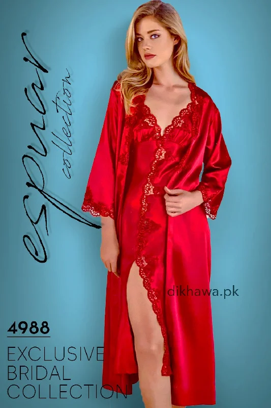 Espuar - Exclusive Bridal Wedding Honeymoon 2Pc Long Nighty Set with Robe Maroon 4988 - Turkish Brand