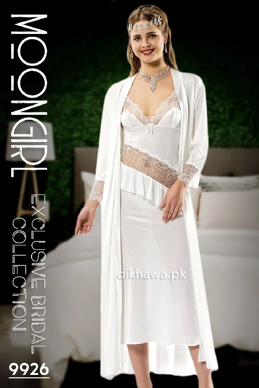 Moongirl - Exclusive Bridal Wedding Nightwear 2Pc Long Nighty Set with Robe 9926 - Turkish Brand