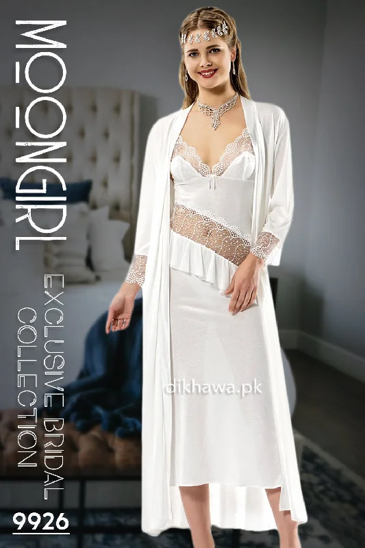 Moongirl - Exclusive Bridal Wedding Nightwear 2Pc Long Nighty Set with Robe 9926 - Turkish Brand