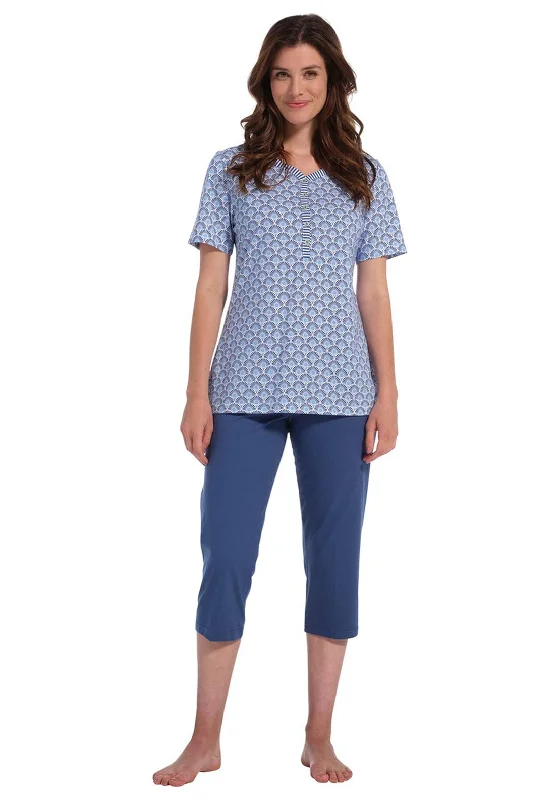 Pastunette Retro Floral Print Capri Pyjama Set, Blue