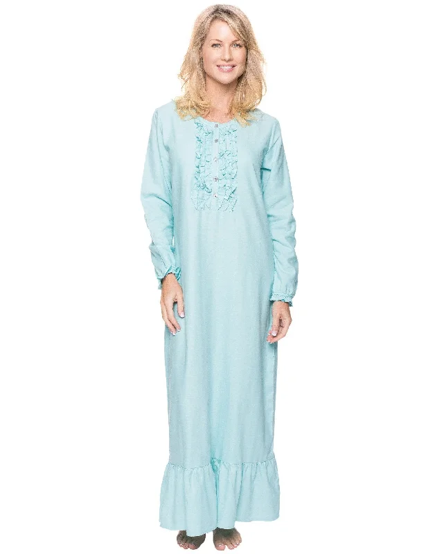 Women's Premium Flannel Long Gown - Herringbone Aqua