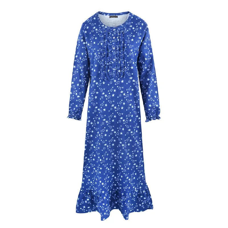 Women's Premium Flannel Long Gown - Starry Nights Blue