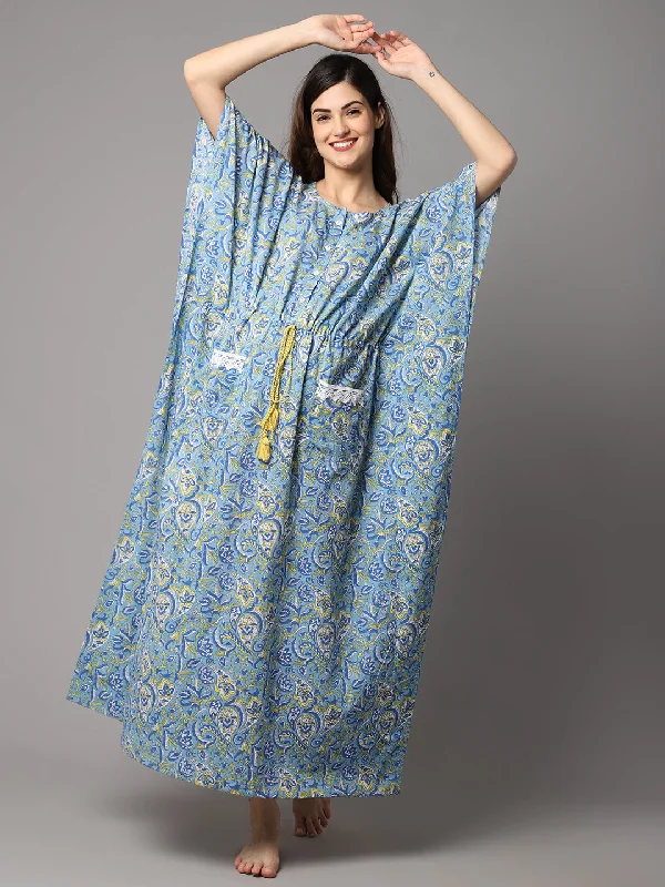 Women's Cotton Paisley Floral Print Maternity Kaftan With Pocket and Feeding